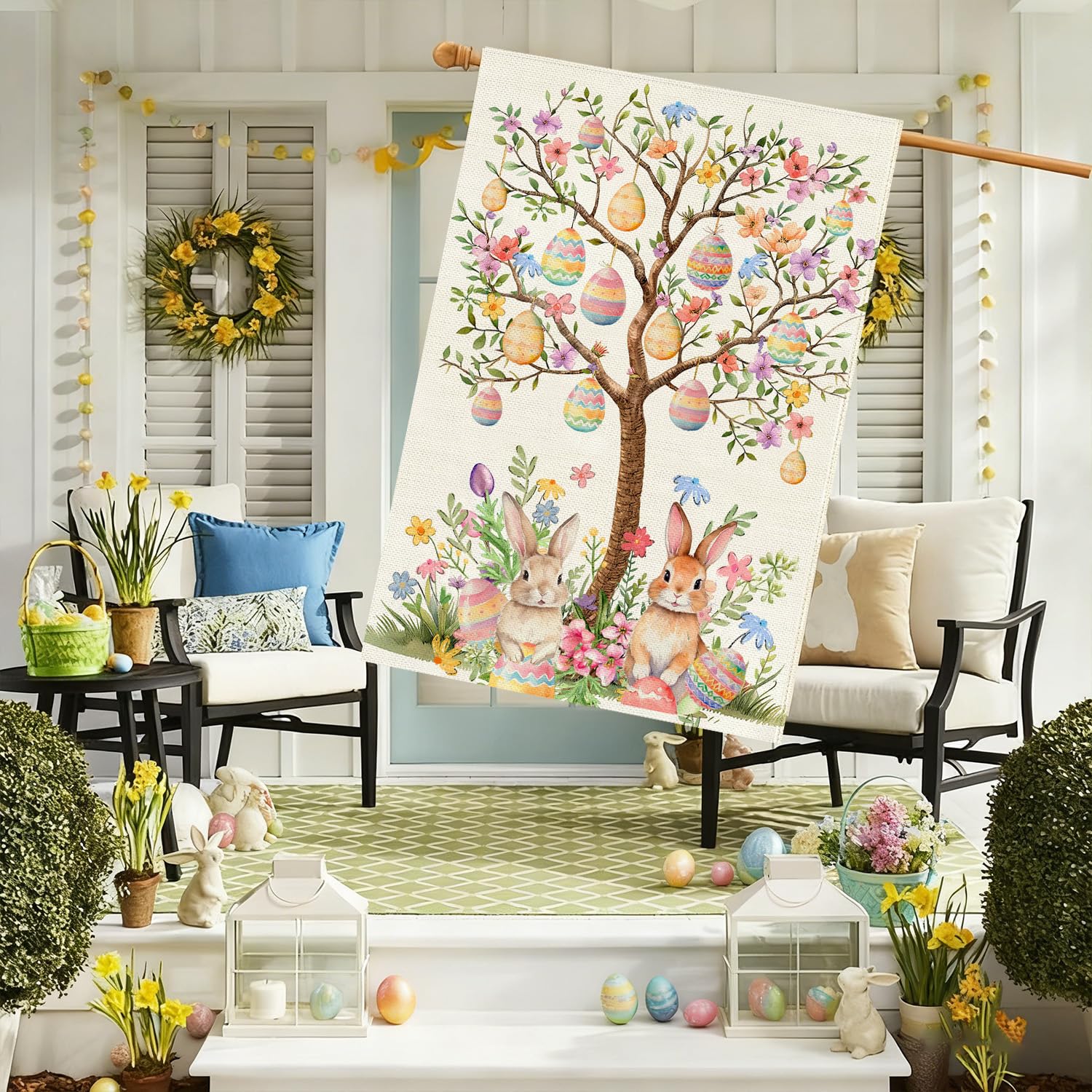 Easter eggs and bunny design on Baccessor flag for garden appeal