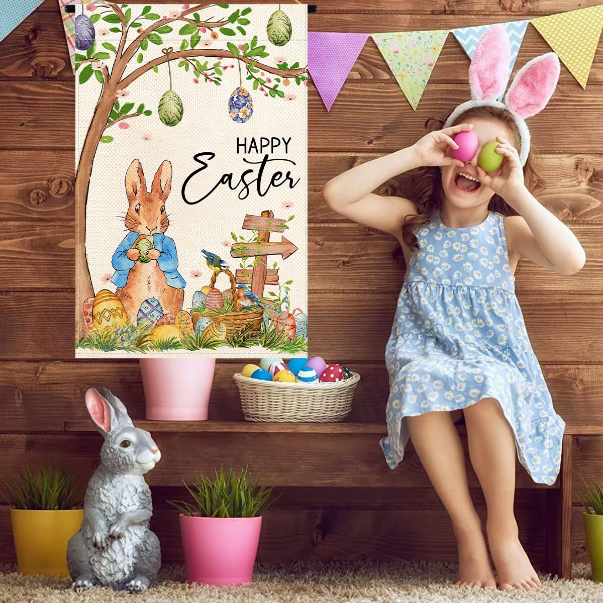 Baccessor Happy Easter Eggs flag close-up print highlights vibrant colors for outdoor decor