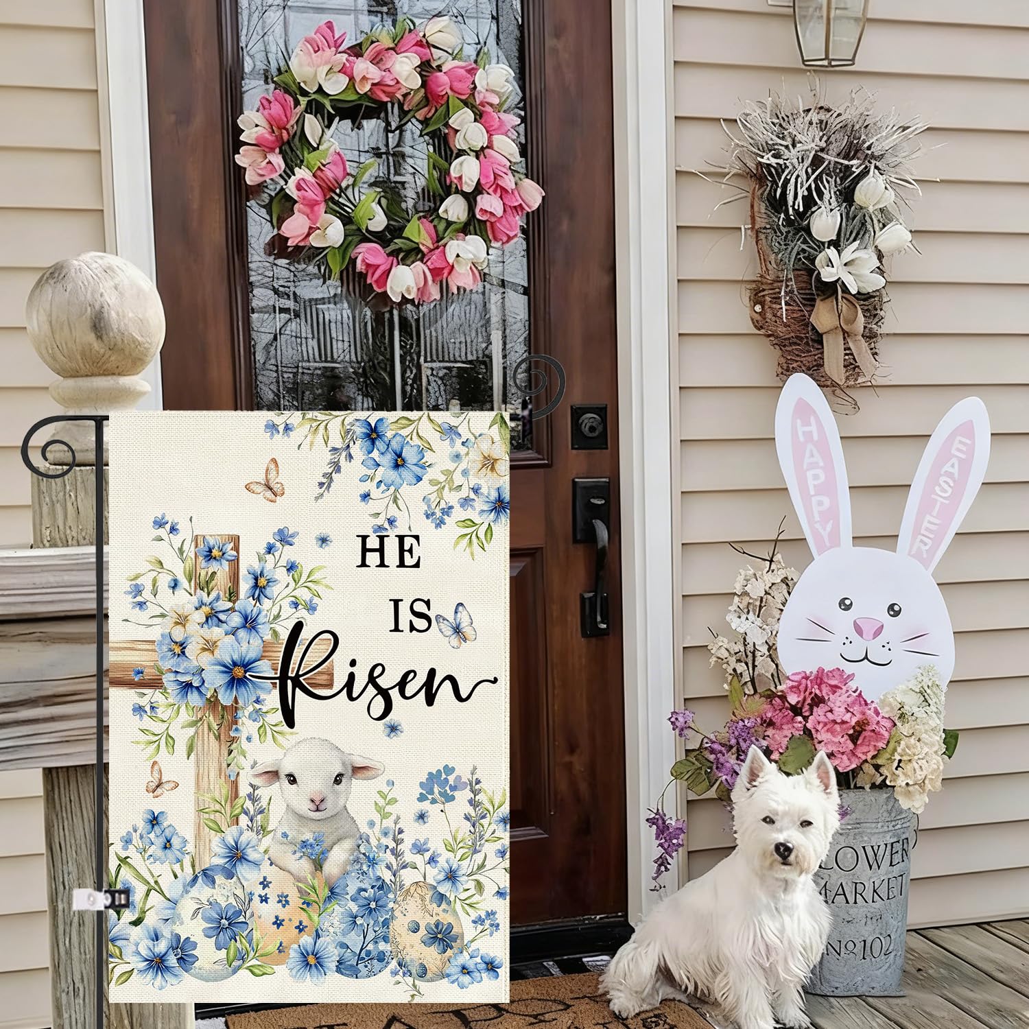 Baccessor He Is Risen backyard decor complements deck and porch