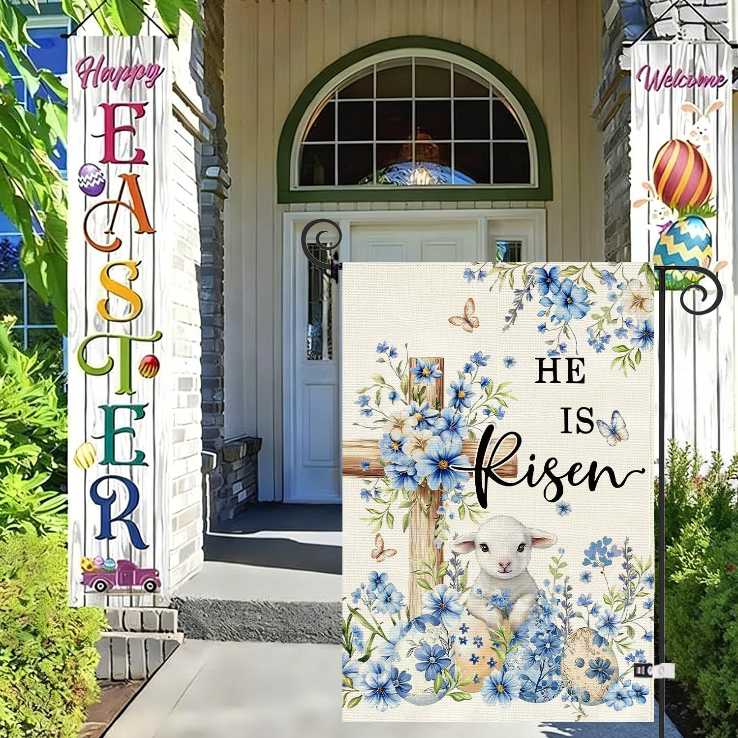 Baccessor He Is Risen floral border detail brightens the entryway