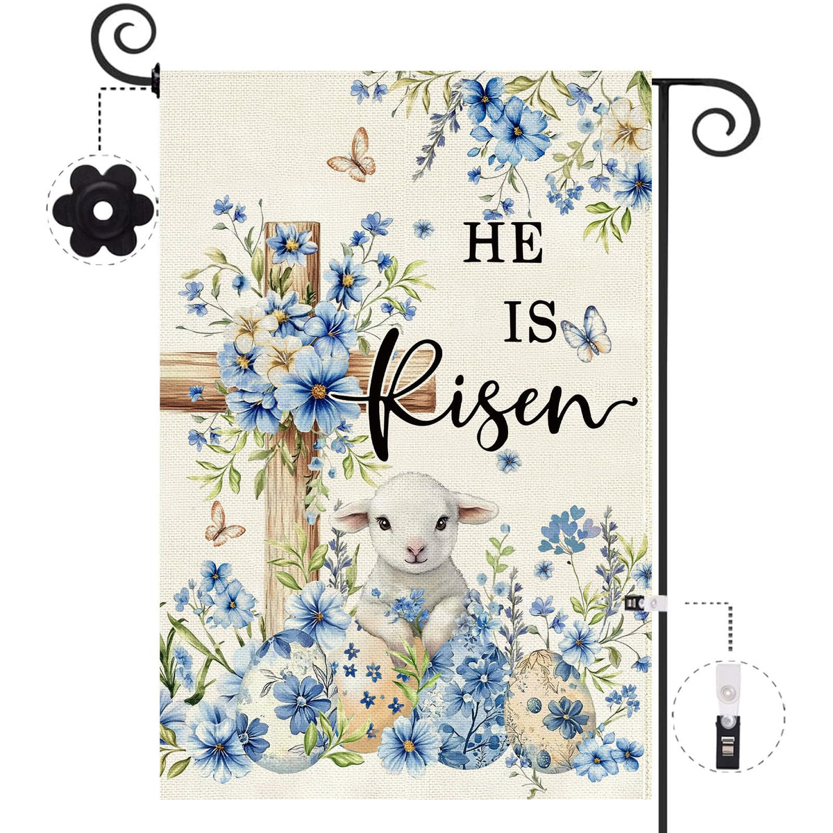 Baccessor He Is Risen garden flag front view for outdoor display