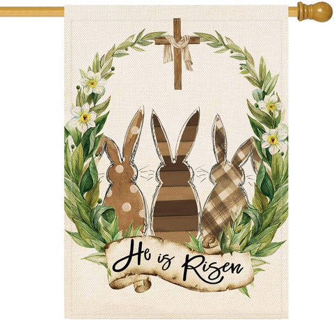 Baccessor He is Risen flag shows bunny cross laurel for outdoor display.