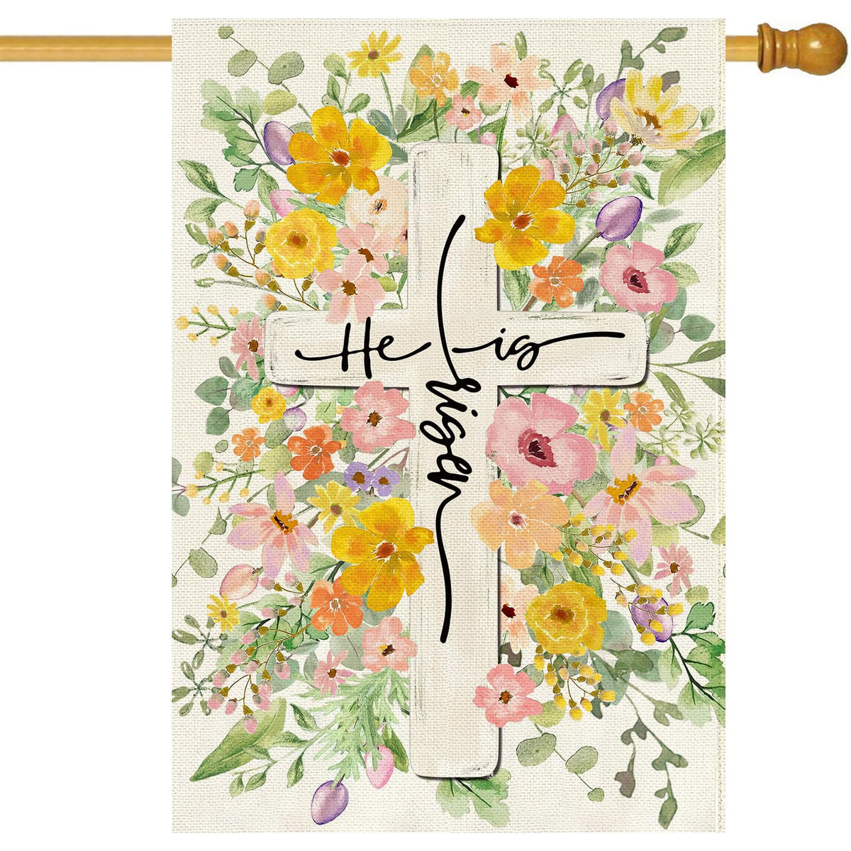Baccessor He is Risen Easter flag, burlap double-sided for outdoor or indoor viewing.