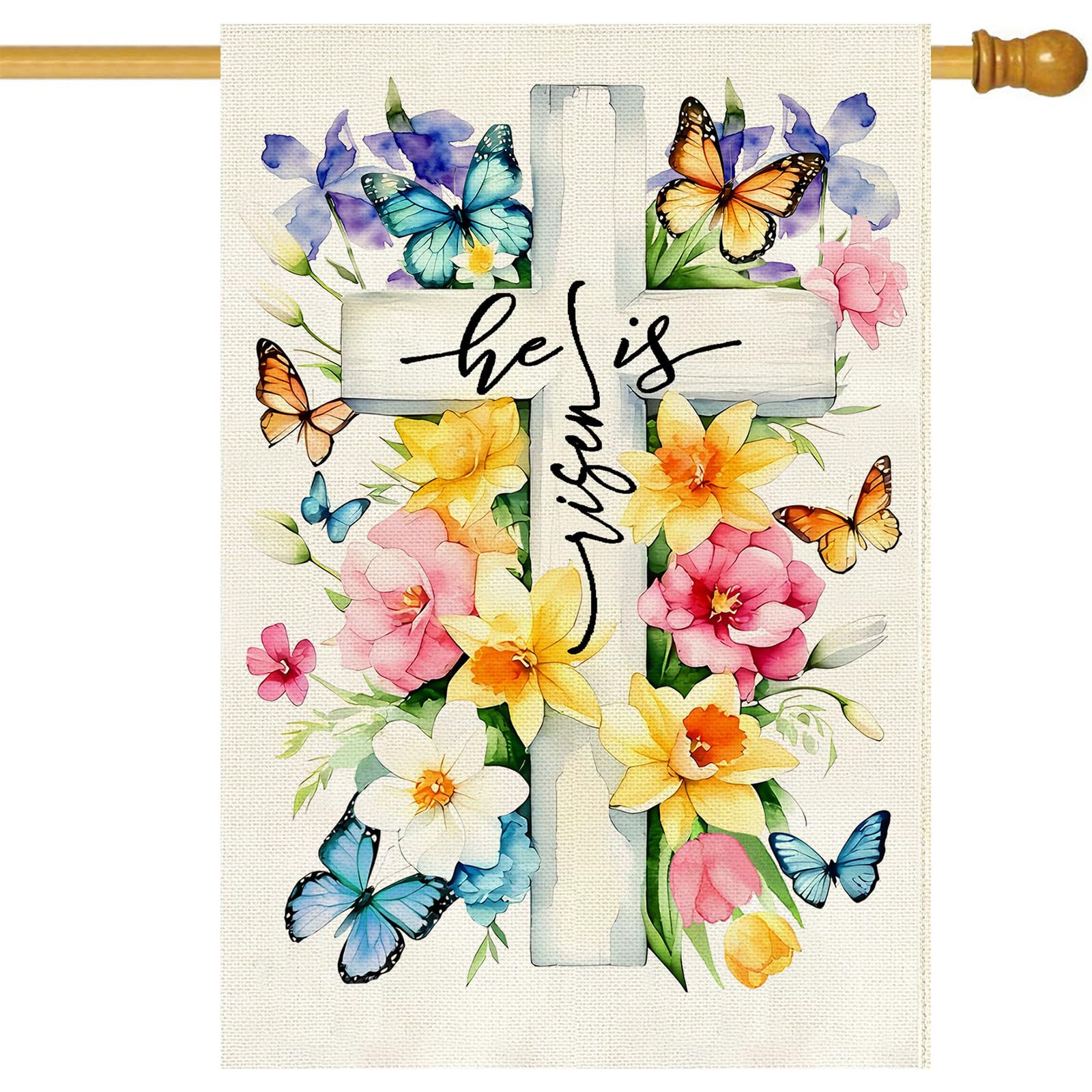 Baccessor He is Risen flag front view for Easter porch decoration.