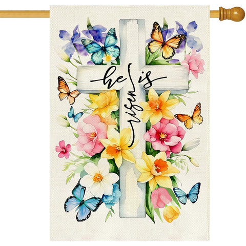 Baccessor He is Risen flag front view for Easter porch decoration.