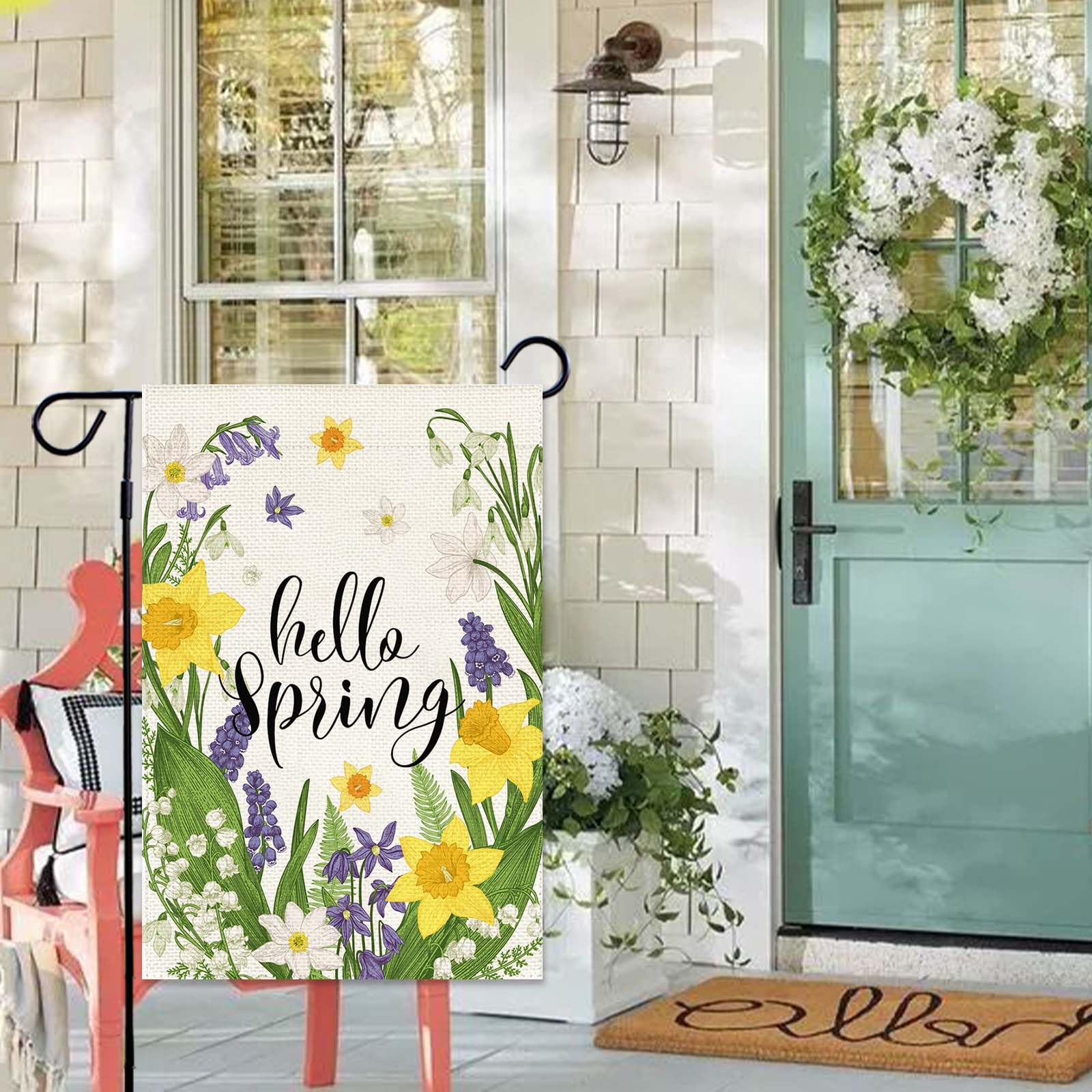 Baccessor Hello Spring garden flag double-sided print for clear viewing.