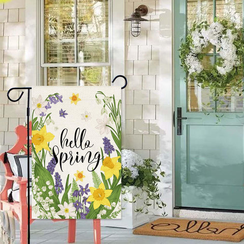 Baccessor Hello Spring garden flag double-sided print for clear viewing.