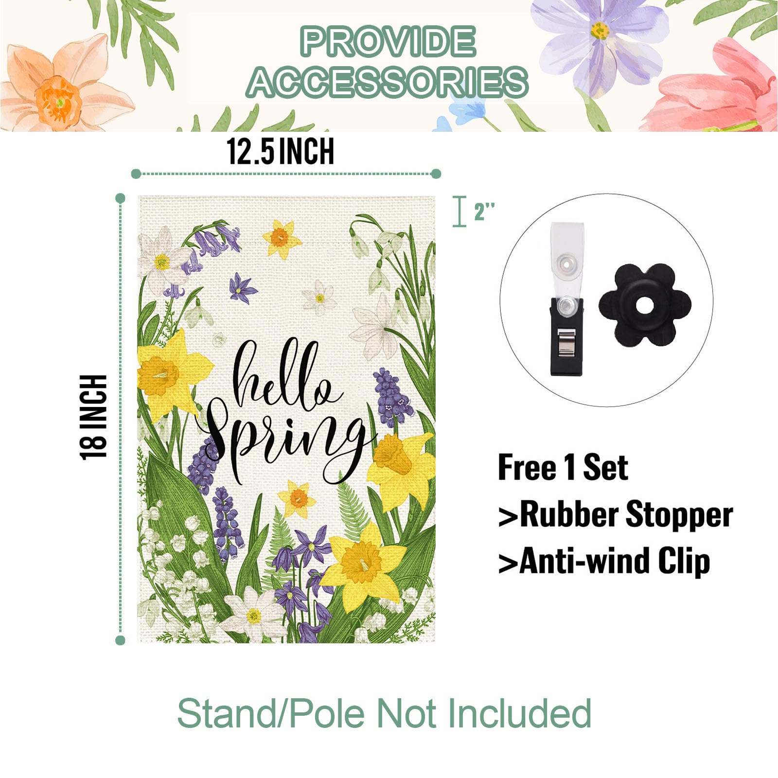 Baccessor Hello Spring garden flag sleeve compatible for quick setup.
