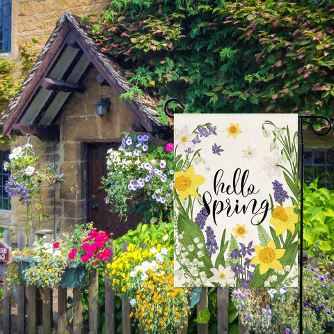 Baccessor Hello Spring garden flag weatherproof design withstands seasonal weather.