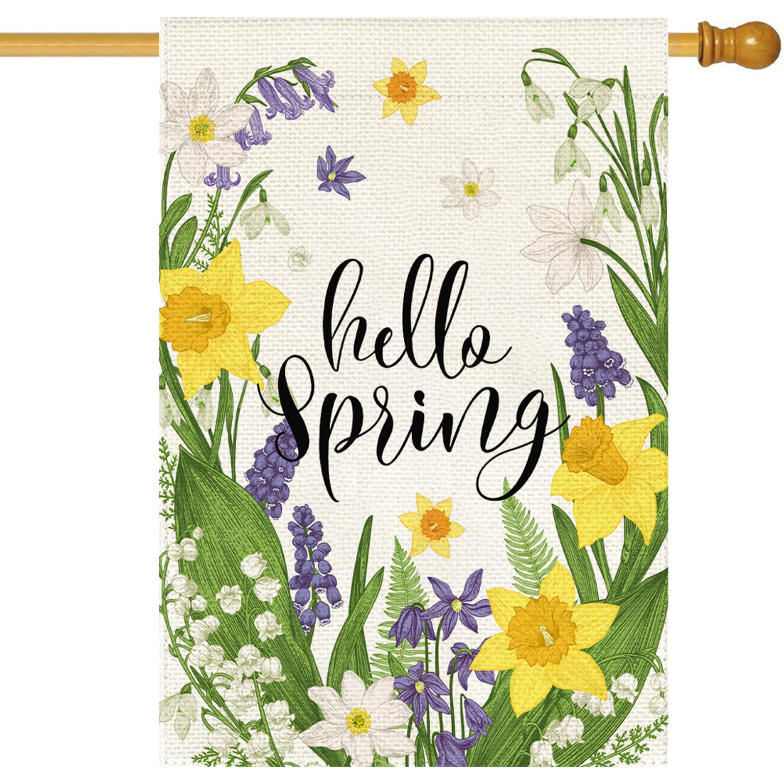 Baccessor Hello Spring house flag, dual-sided design greets guests all season.