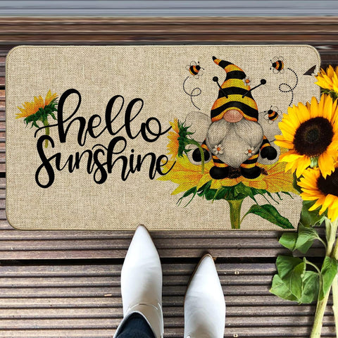 Baccessor Hello Sunshine doormat features gnome and bees for curb appeal