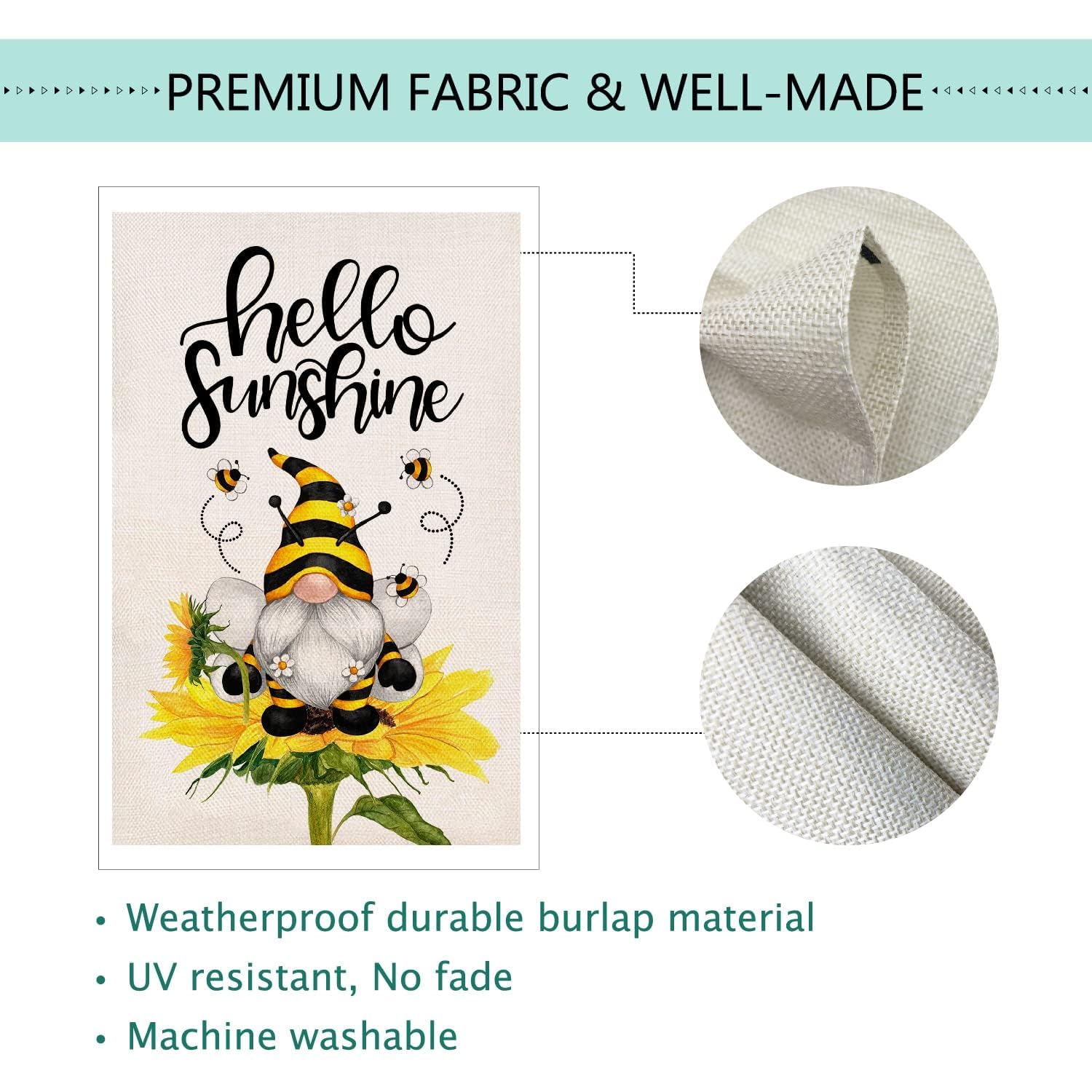 Baccessor Hello Sunshine flag measures 12 x 18 inches for porches or yards.