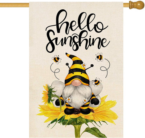 Baccessor Hello Sunshine flag front view with sunflower gnome design for outdoor curb appeal.