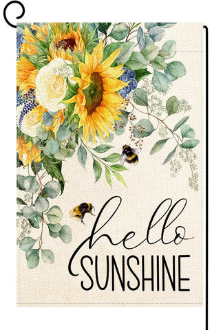 Baccessor Hello Sunshine flag featuring sunflower and bee design enhances outdoor curb appeal.