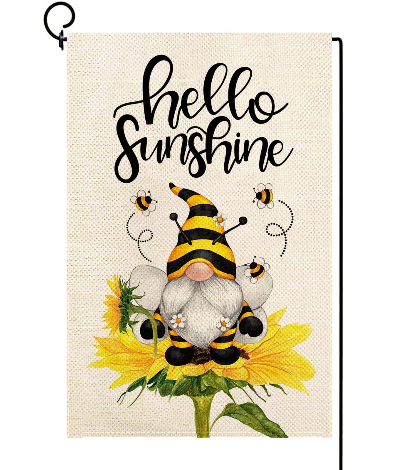 Baccessor Hello Sunshine flag with sunflower and gnome for a bright front-yard welcome.