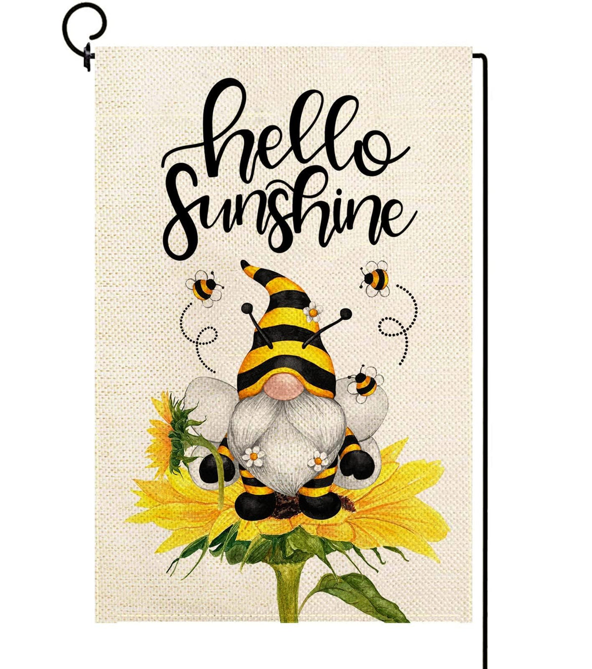 Baccessor Hello Sunshine flag with sunflower and gnome for a bright front-yard welcome.