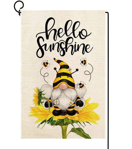 Baccessor Hello Sunshine flag with sunflower and gnome for a bright front-yard welcome.