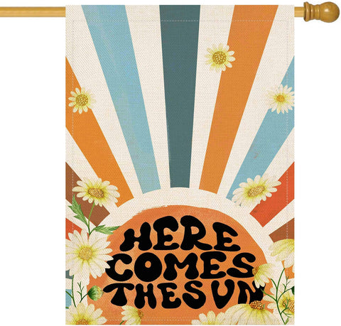 Baccessor Here Comes The Sun Daisy flag front view, vibrant welcome sign.