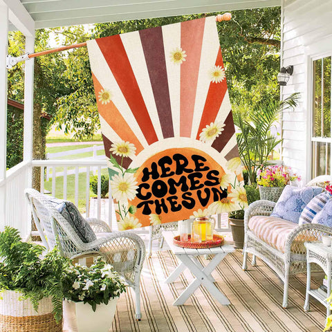 Baccessor Here Comes The Sun flag double-sided design shows vibrant art on both sides.