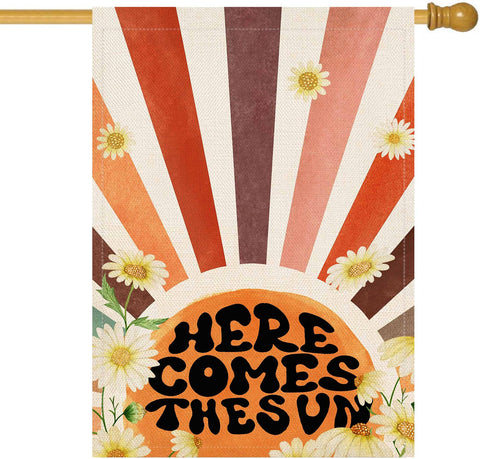 Baccessor Here Comes The Sun flag front view, welcoming yard decor.