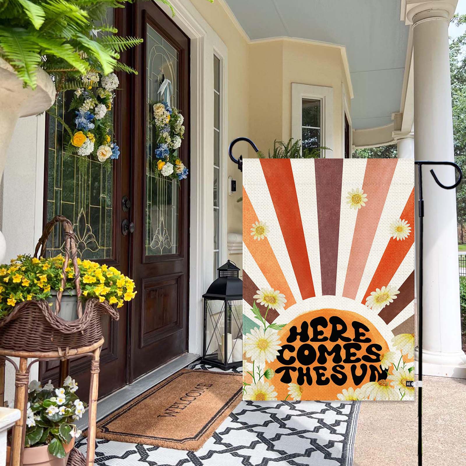 Baccessor Here Comes The Sun garden flag back design for symmetrical decor.