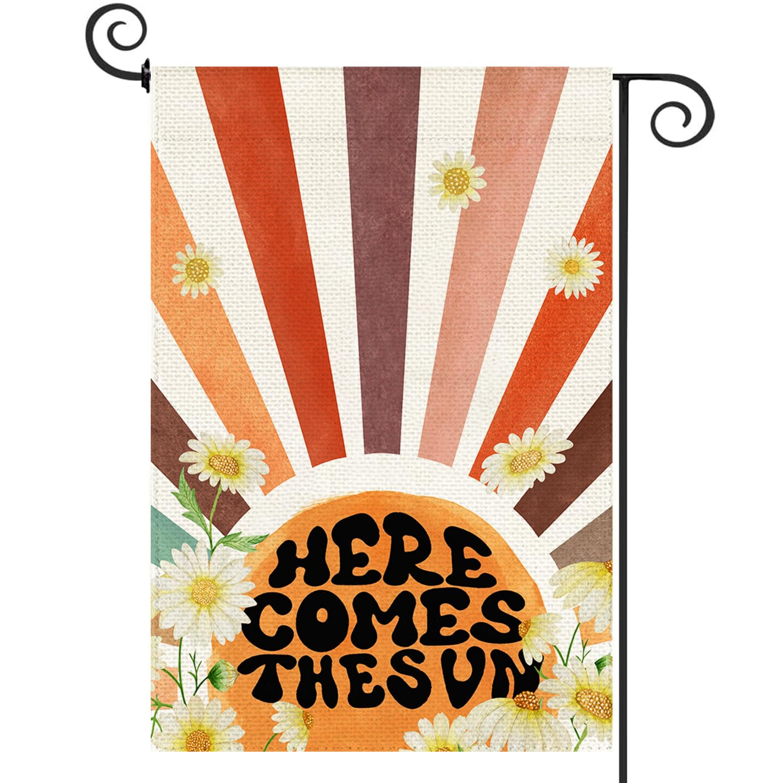 Baccessor Here Comes The Sun garden flag front design boosts curb appeal.