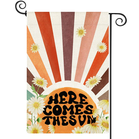 Baccessor Here Comes The Sun garden flag front design boosts curb appeal.