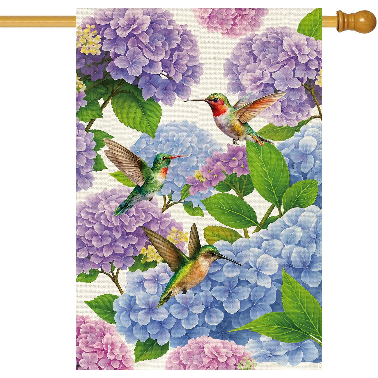 Baccessor hydrangea house flag, front view, double-sided visibility welcomes guests from any angle.