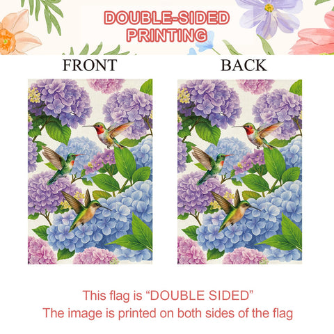 Baccessor hydrangea house flag, side view, vibrant dual-sided print for outdoor display.
