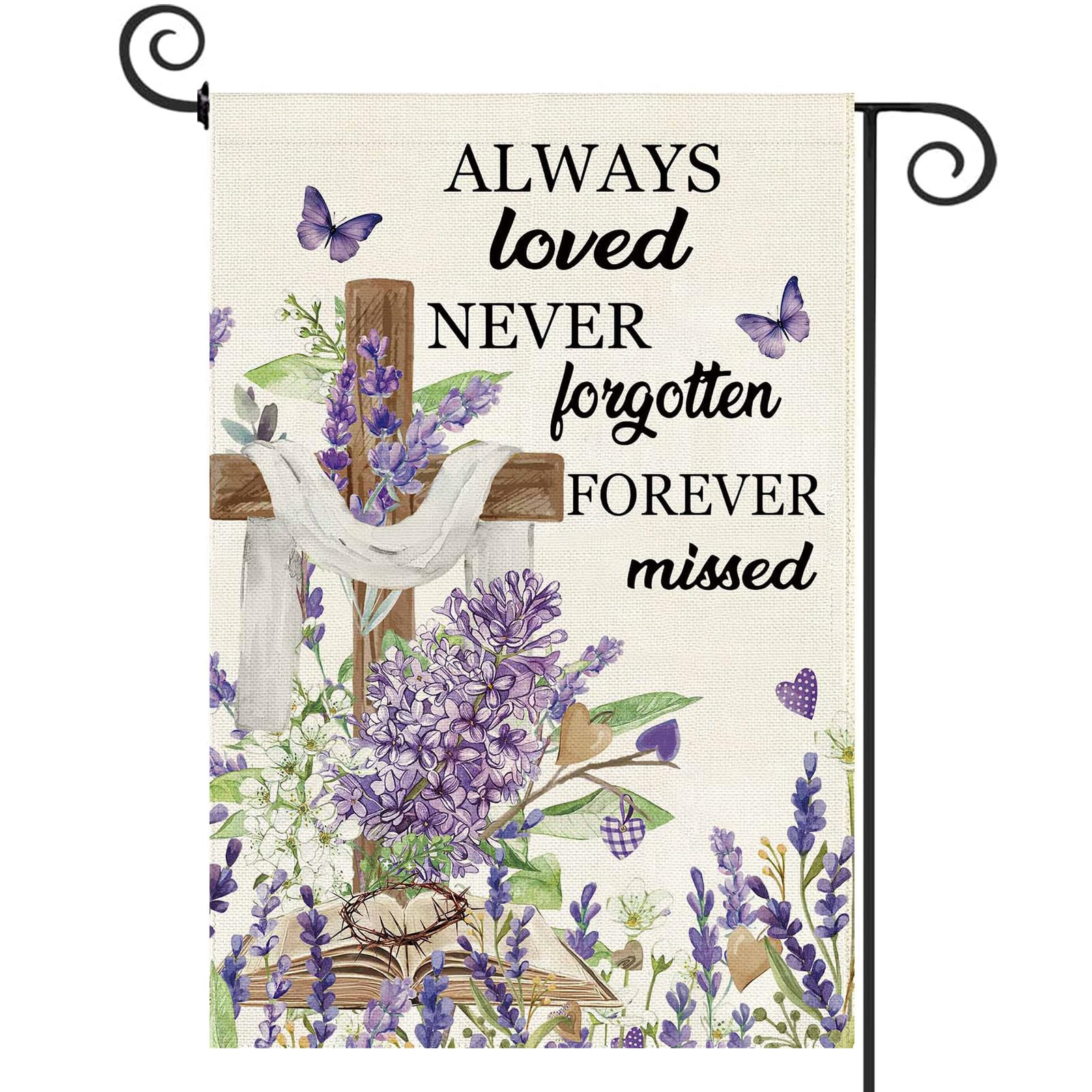 Baccessor lavender cross garden flag, double-sided burlap, welcoming from both sides.