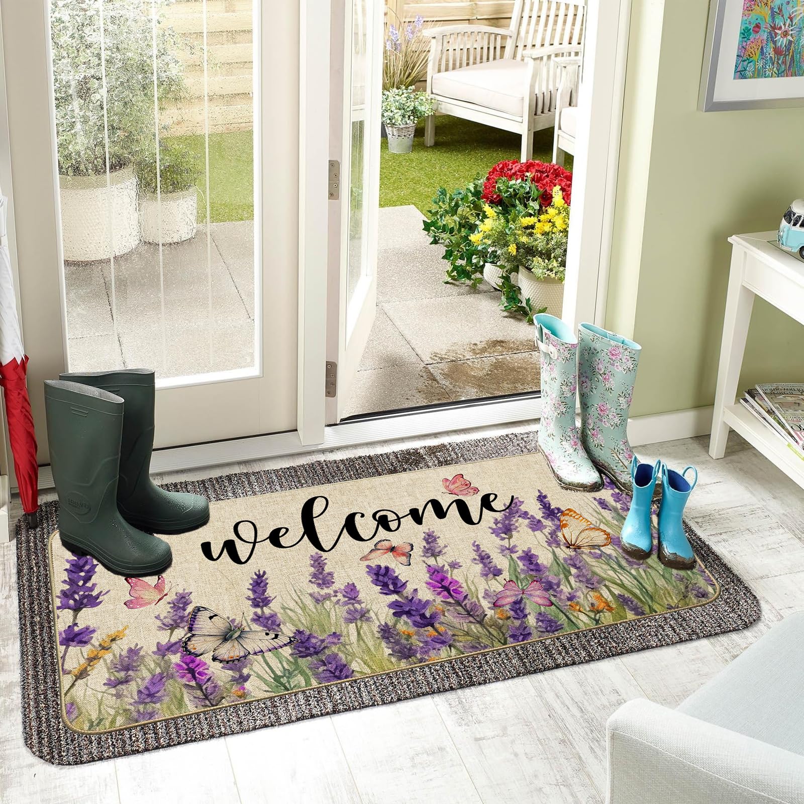 Baccessor lavender doormat with non-slip rubber backing stays in place.