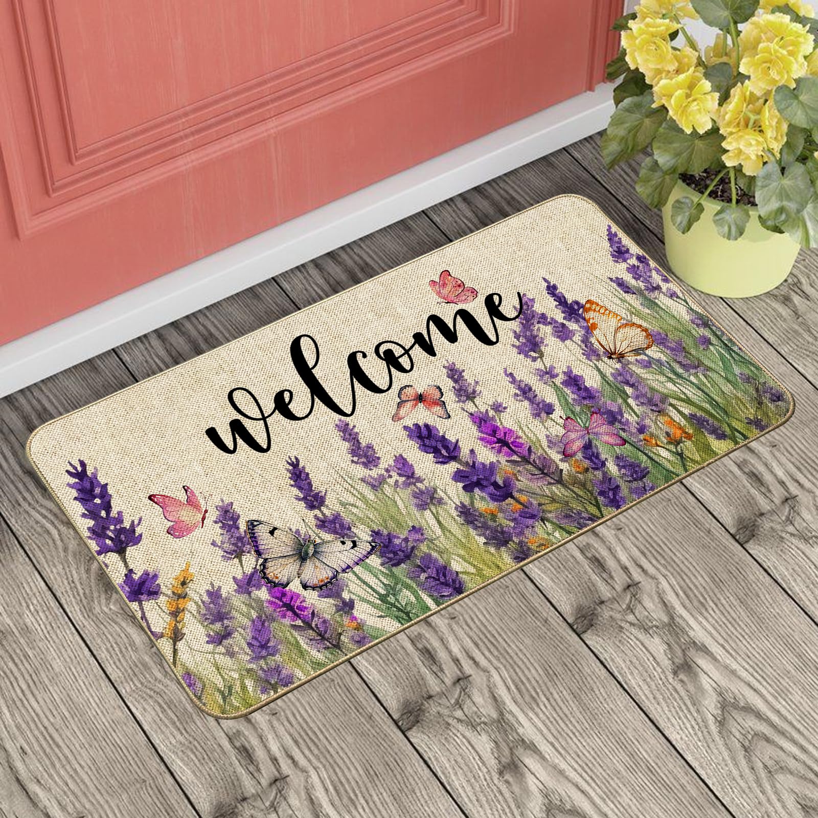 Baccessor Lavender Doormat burlap surface traps dirt at the door.