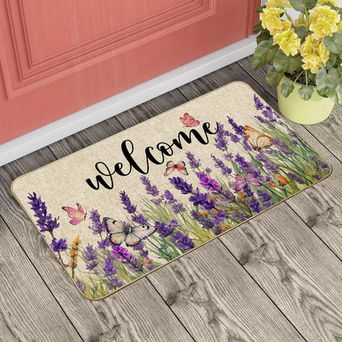 Baccessor Lavender Doormat burlap surface traps dirt at the door.