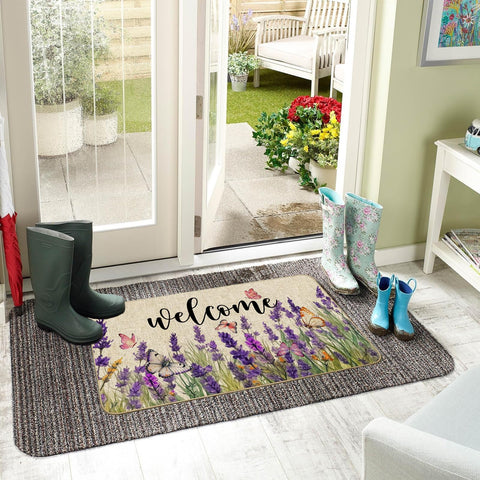 Baccessor Lavender Doormat butterfly pattern close-up adds decorative charm at entrances.