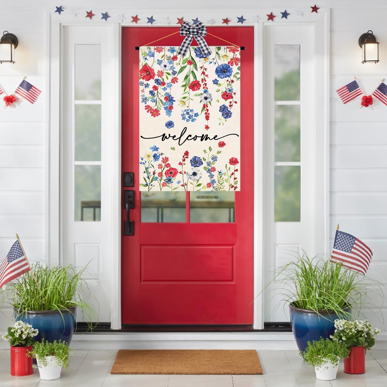 Baccessor Memorial Day floral flag adds seasonal charm to garden or porch.