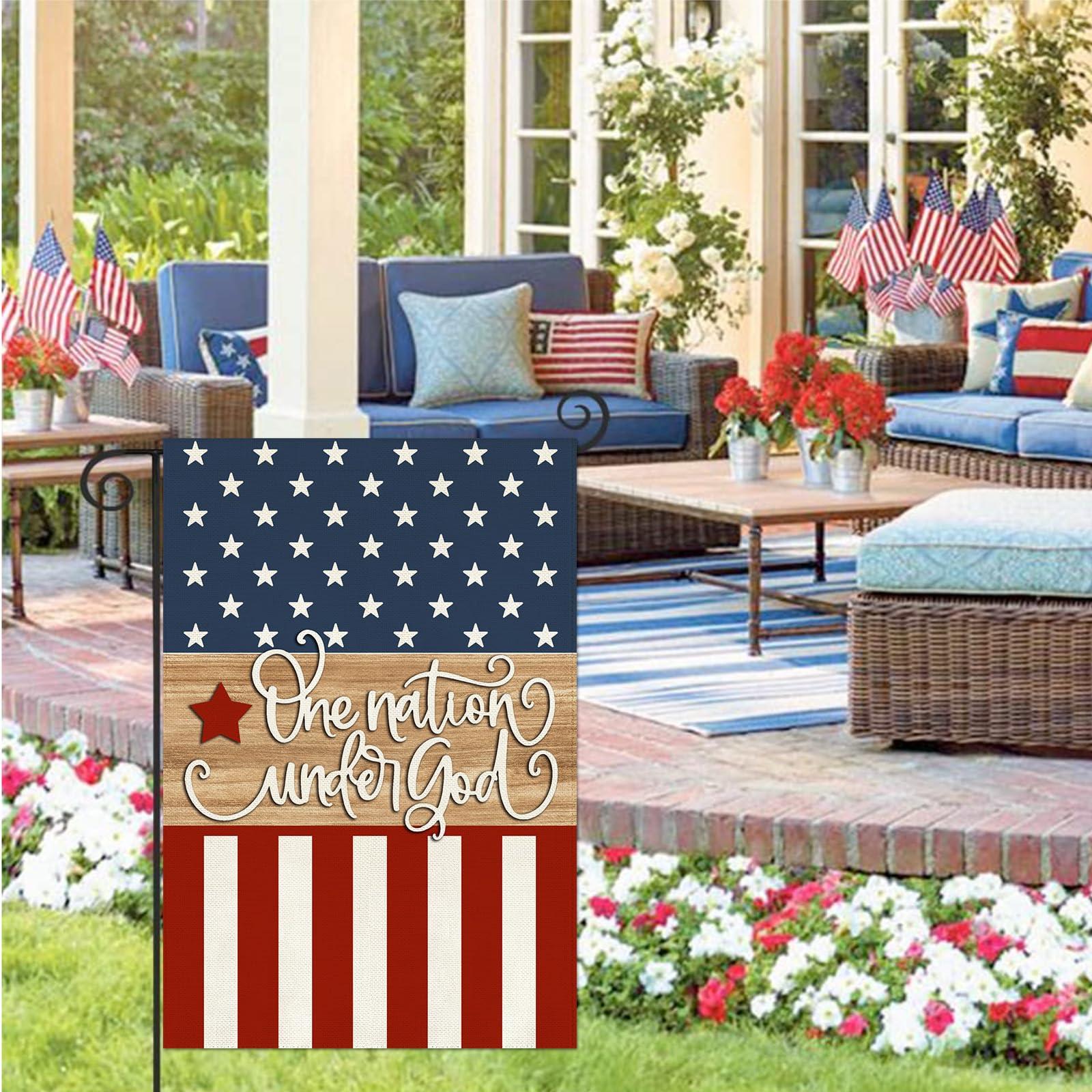 Baccessor One Nation Under God flag showcasing memorial day patriotism from every garden angle.