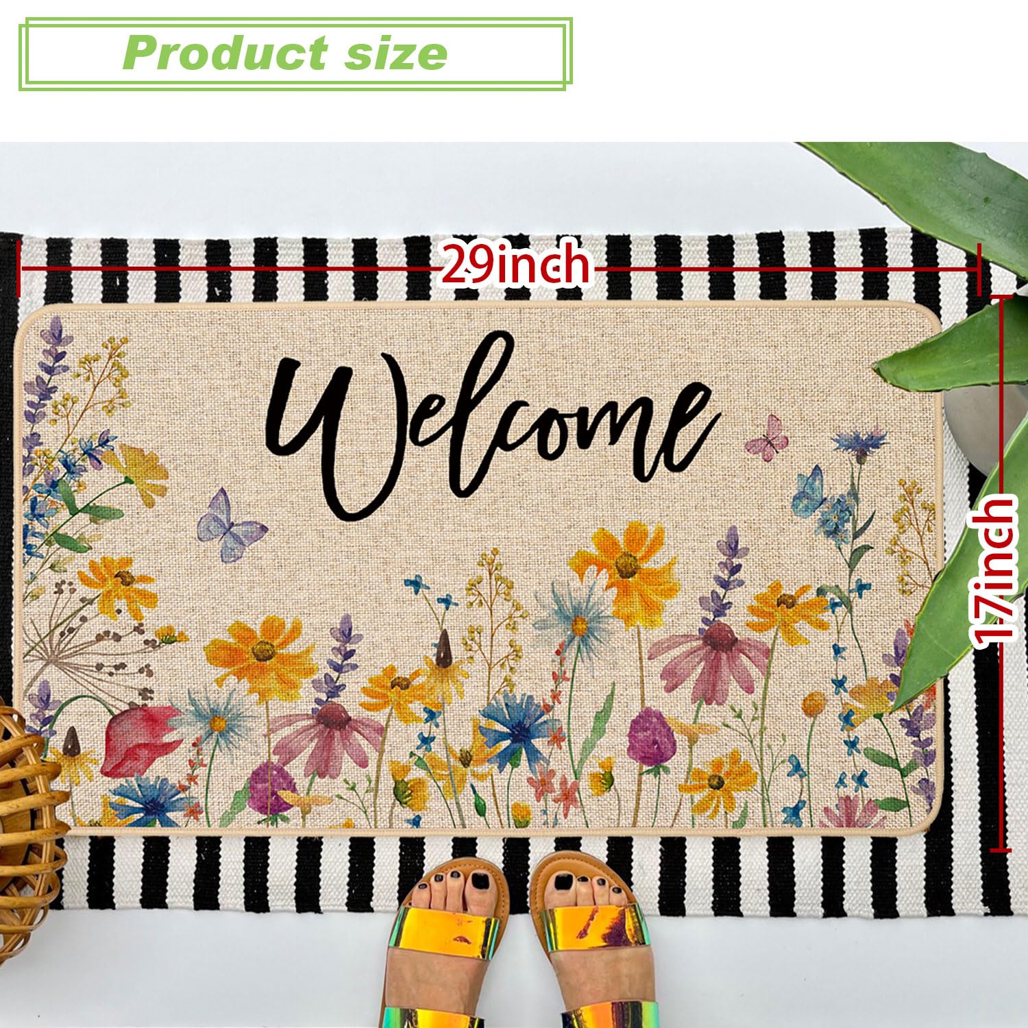 The doormat features outdoor-indoor use with 17x29 size and non-slip backing.