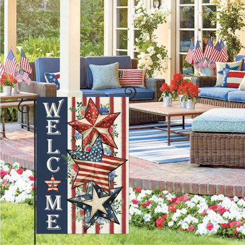 Baccessor patriotic garden flag with floral design, adds festive touch to outdoor décor.
