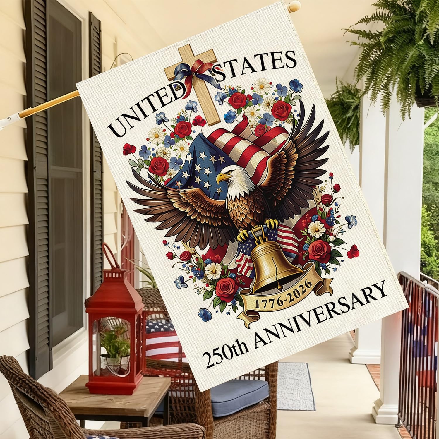 Baccessor patriotic yard flag displayed on a flagpole outdoors