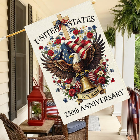 Baccessor patriotic yard flag displayed on a flagpole outdoors