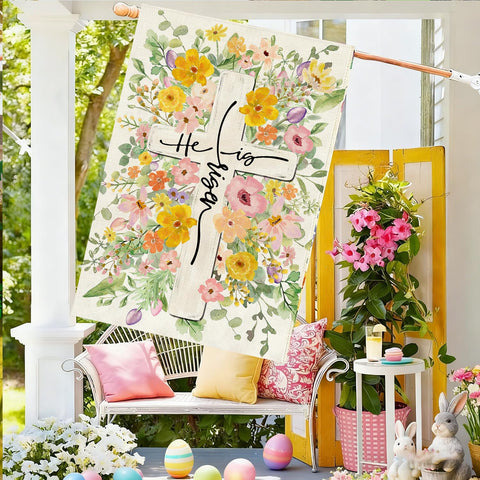 Baccessor porch easter flag displayed in a garden setting.