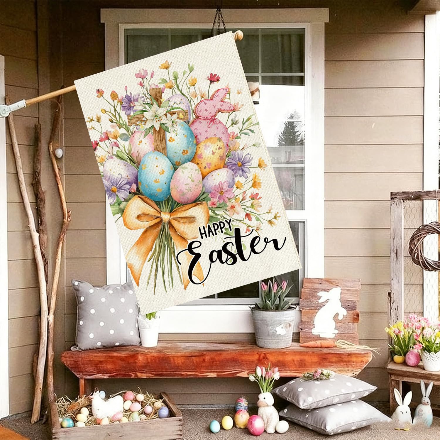 Baccessor porch and garden flag adds festive spring charm.