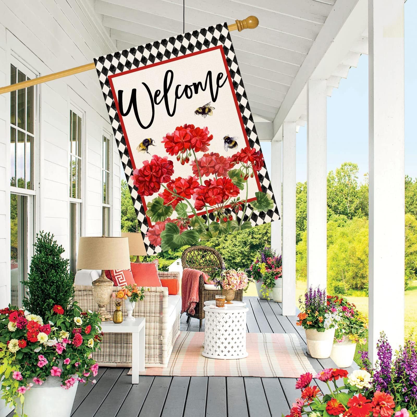 Baccessor red floral buffalo plaid flag adds warm welcome to entryways