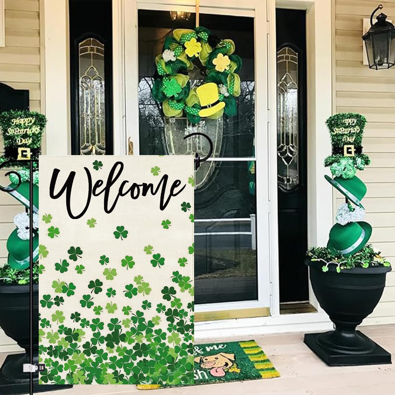 Baccessor shamrock flag with two-sided print for festive yard visibility.