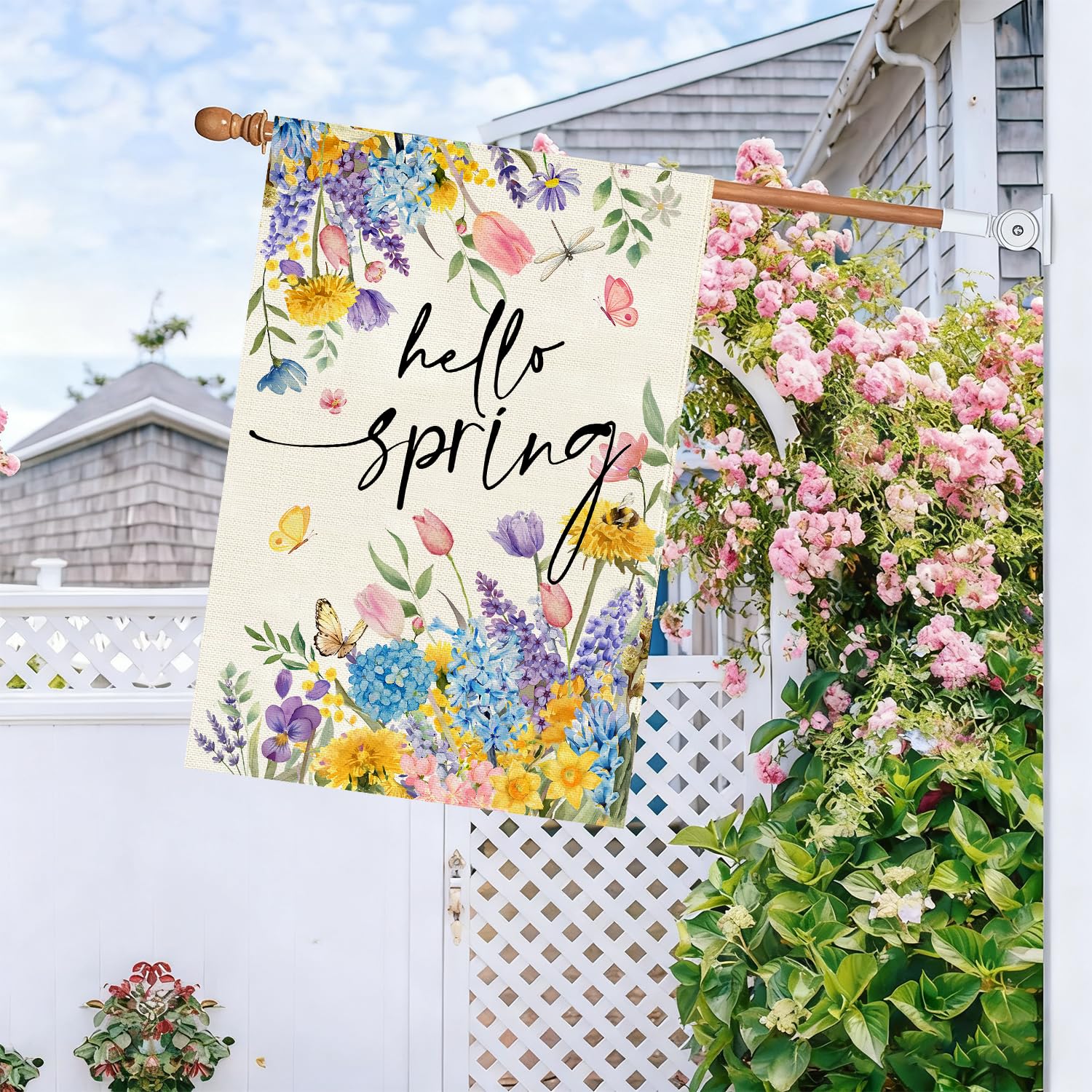 Baccessor spring floral burlap flag with double-sided print for outdoors