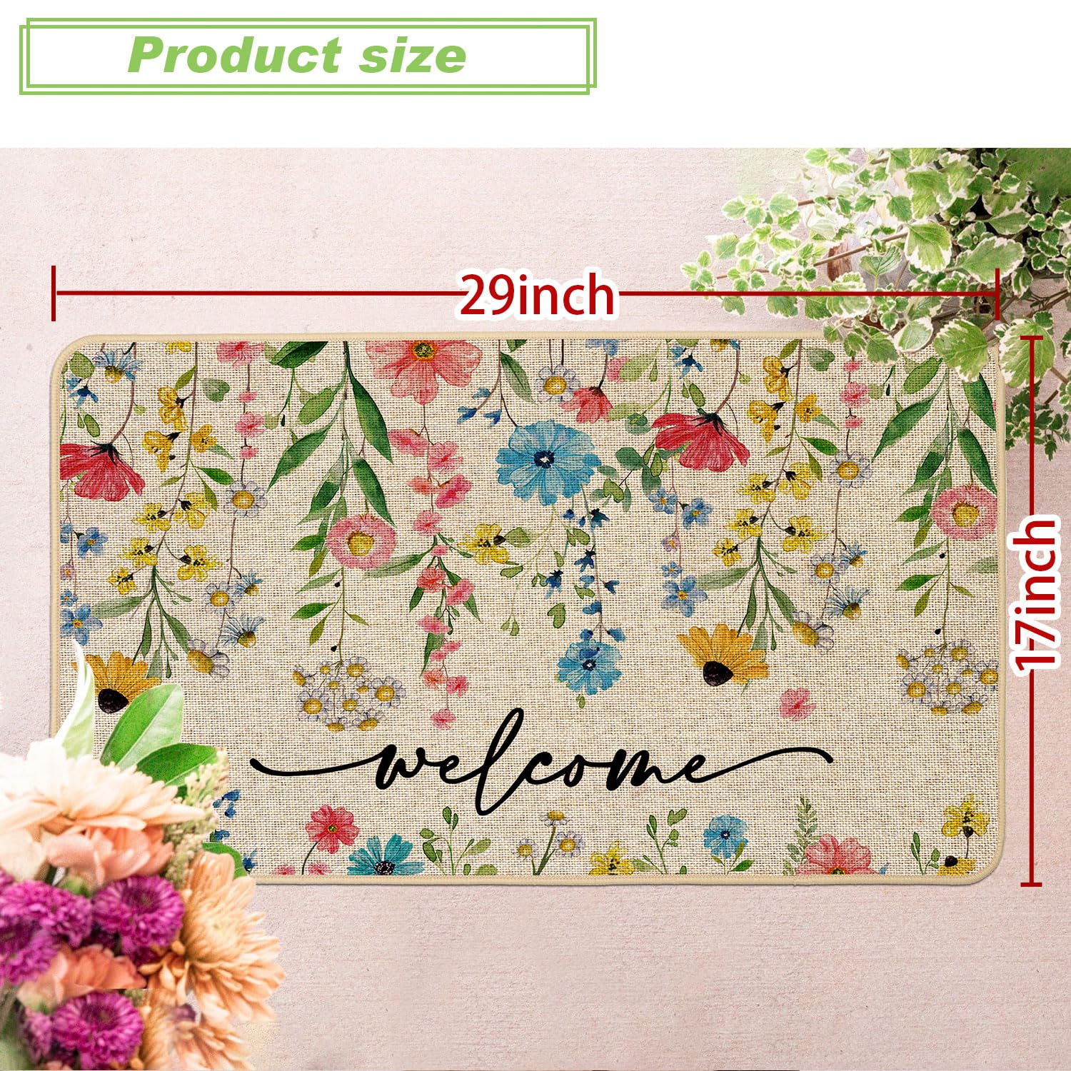 Baccessor Spring Floral Welcome Doormat entryway setup shows versatile indoor-outdoor use.