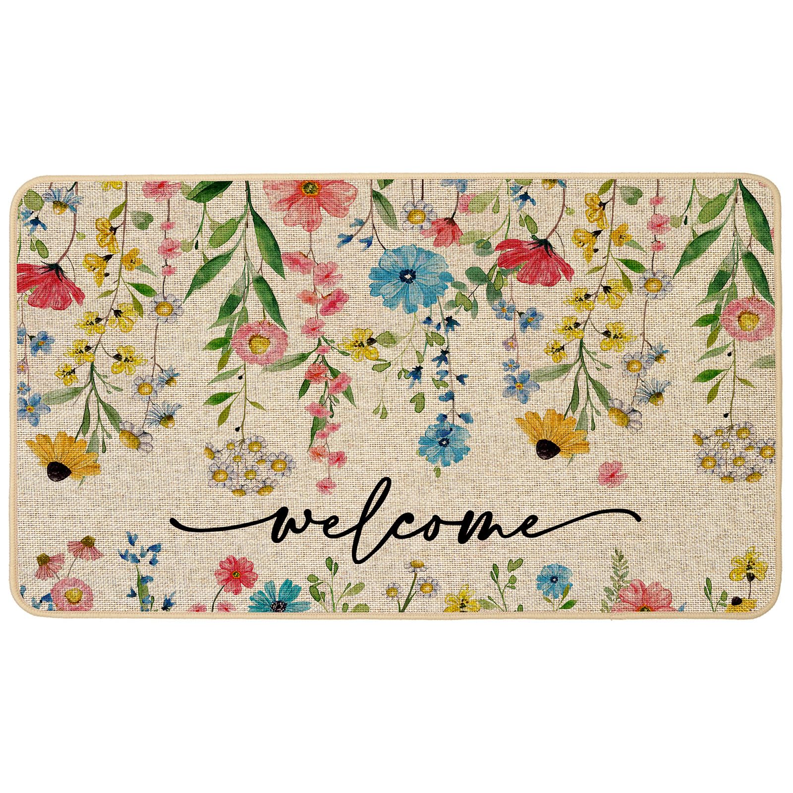 Baccessor Spring Floral Welcome Doormat front view highlights low-profile, non-slip entry for a safe doorstep.