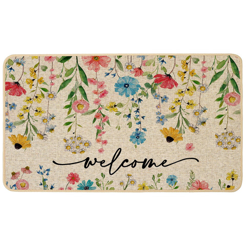 Baccessor Spring Floral Welcome Doormat front view highlights low-profile, non-slip entry for a safe doorstep.