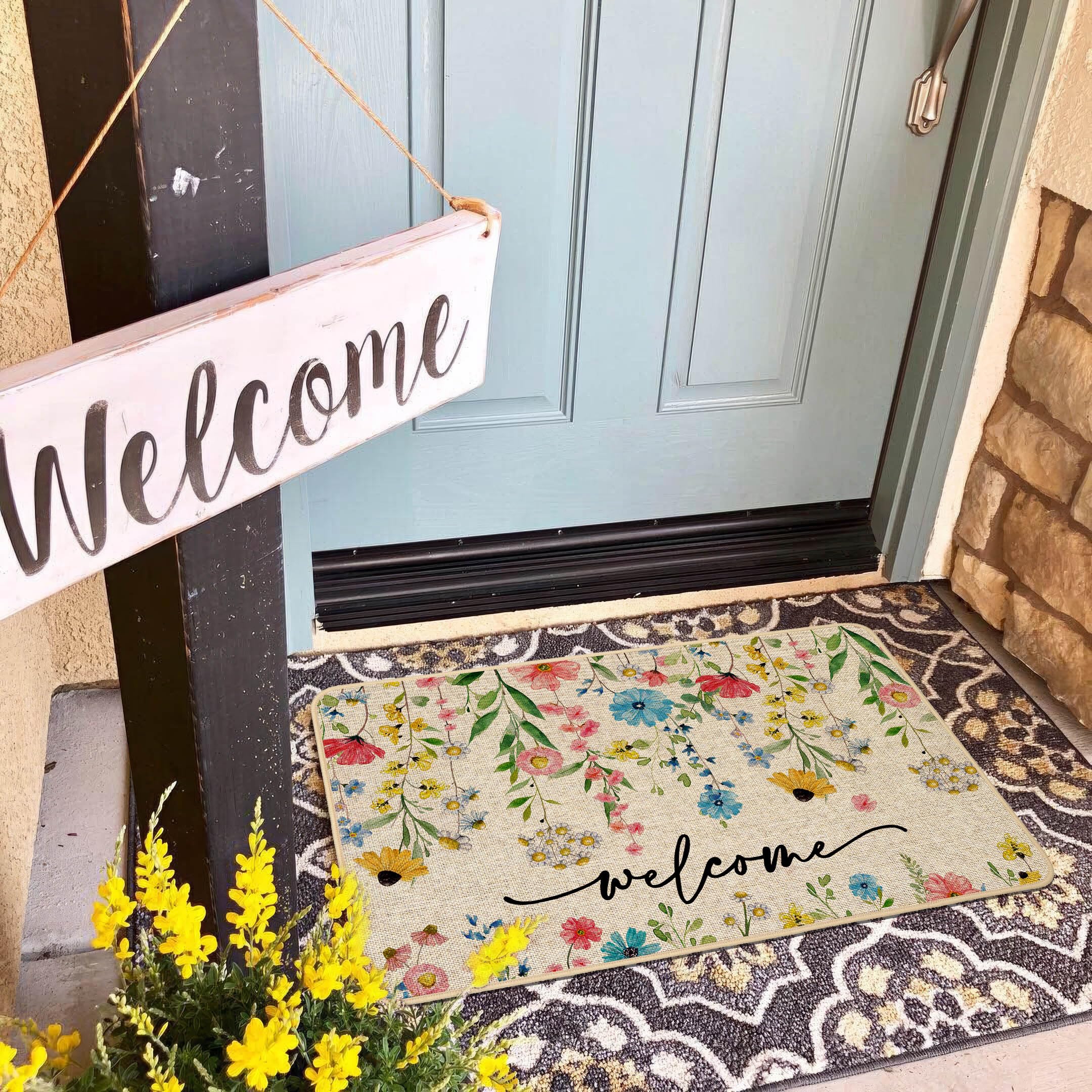 Baccessor Spring Floral Welcome Doormat texture close-up emphasizes dirt-trapping burlap and moisture control.