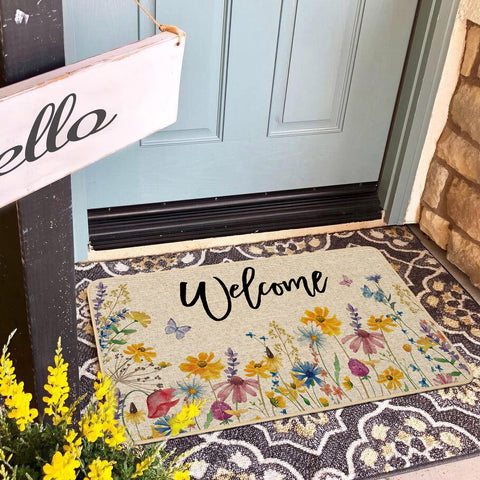 Baccessor Spring flowers doormat outdoors with dirt-trapping surface for cleaner entry.